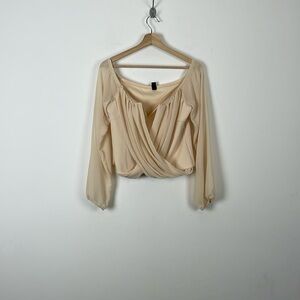 Windor Womens XL Cream Chiffon Long Sleeve Corset Crop Cami V Neck Pullover Top